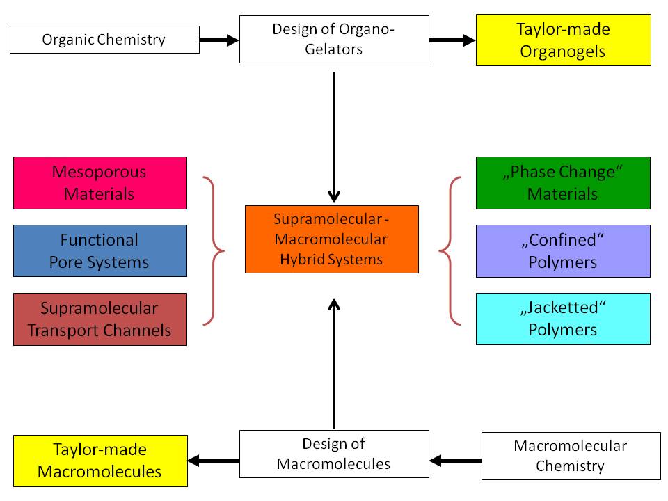 Figure 1: Research subjects of the department Organic Materials Chemistry in relation to Supramolecular / Macromolecular Hybride Systems