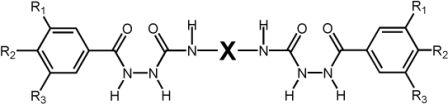 Scheme 2.1: General formula of the bis[(alkoxy)benzoyl semicarbazides (Ri = H-, CnH2n+1O-, n = 8, 10, 12, 16, X = 1,4-phenyl-, 2,4-toluyl-, 2,6-toluyl-, 1,8-naphtyl-, 1,6-hexyl-)